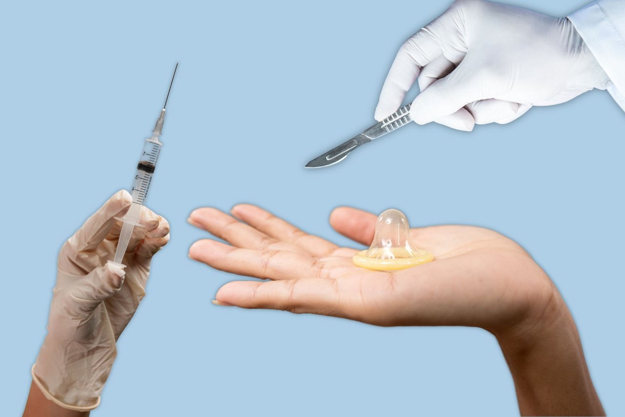 Hands holding a condom for contraception, a scalpel for a vasectomy and a syringe for vasal gel