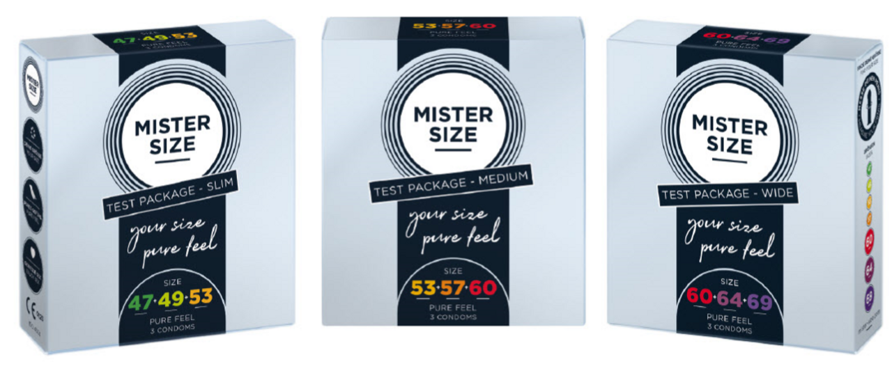 Tliet pakketti differenti tat-test tal-kondoms Mister Size